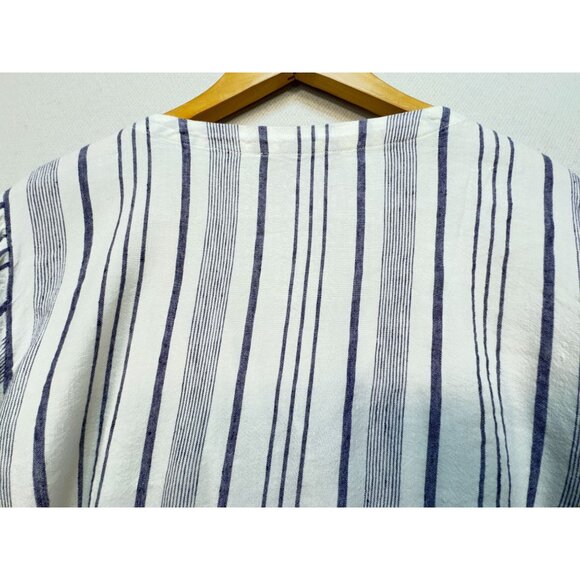 Loft Womens Linen Blend Button Up Shirt Size L White Blue Striped Casual Summer - Picture 12 of 12